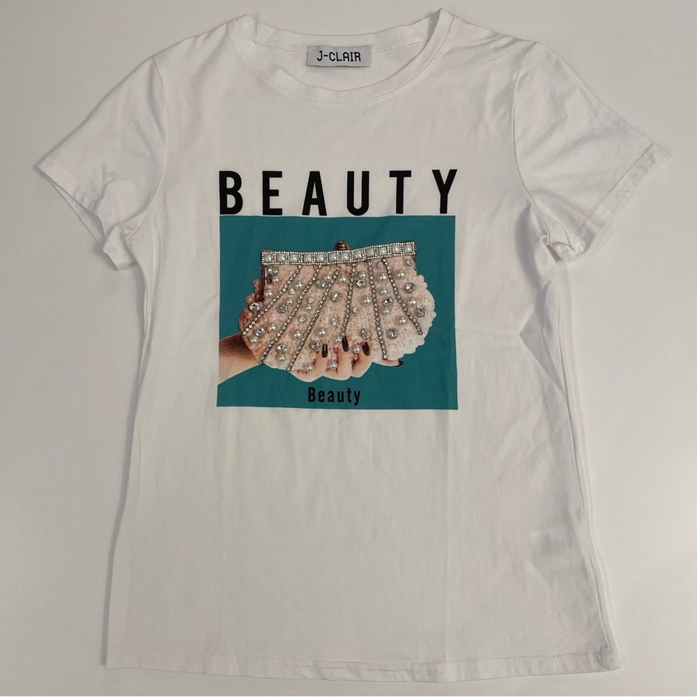 White Graphic Tee with beaded/bejeweled detail